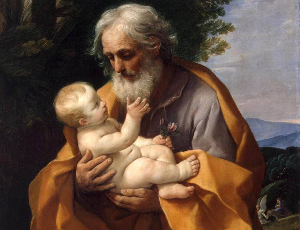 Painting of St Joseph holding baby Jesus