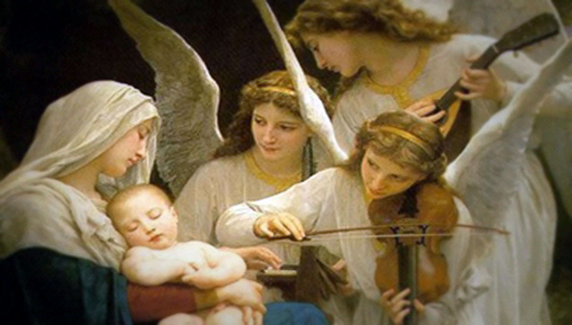 Angels playing music for Mary and baby Jesus