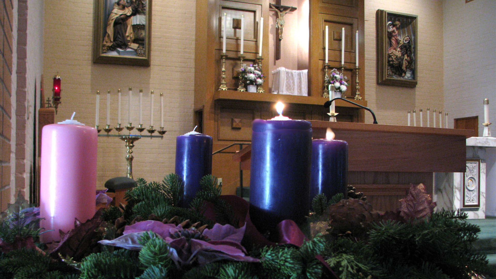 Advent wreath with candles in chapel