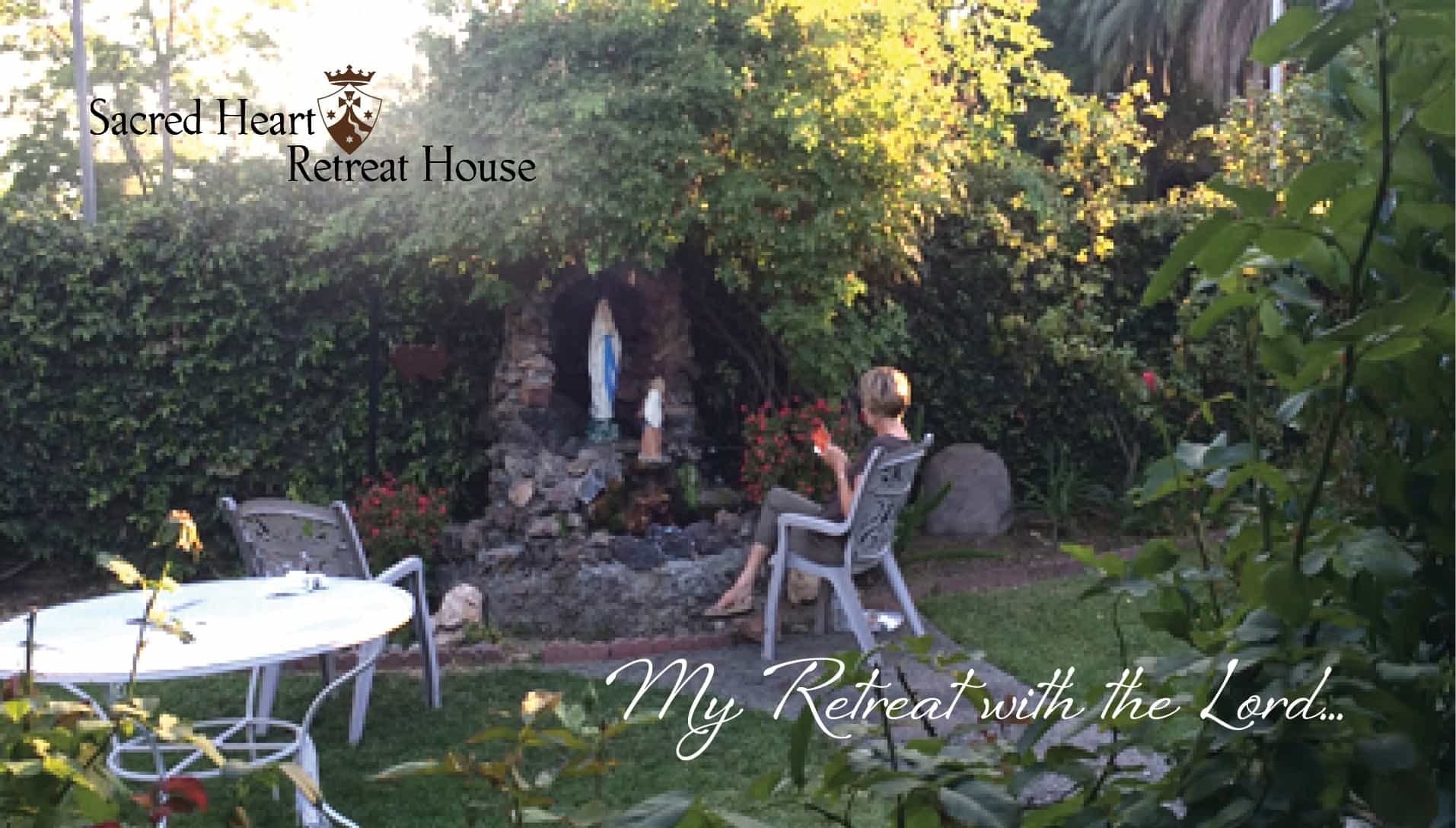 Retreatant praying in front of Mary statue, "Sacred Heart Retreat House, my retreat with the Lord"