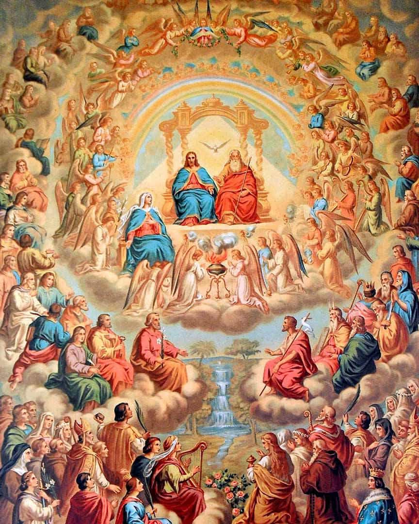 painting of many saints in Heaven around God