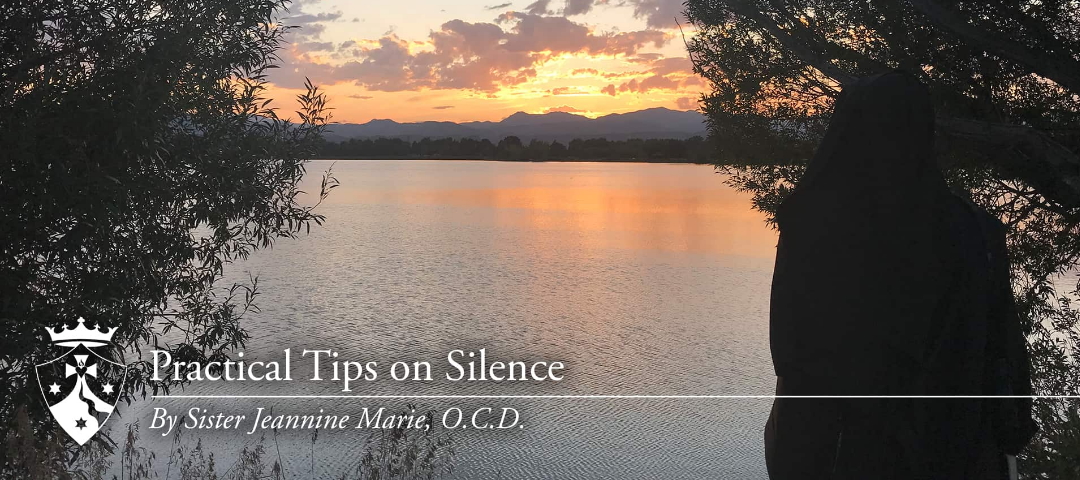 Sister looking out at lake and sunset, 'Practical tips on Silence, by Sister Jeannine Marie, O.C.D.'