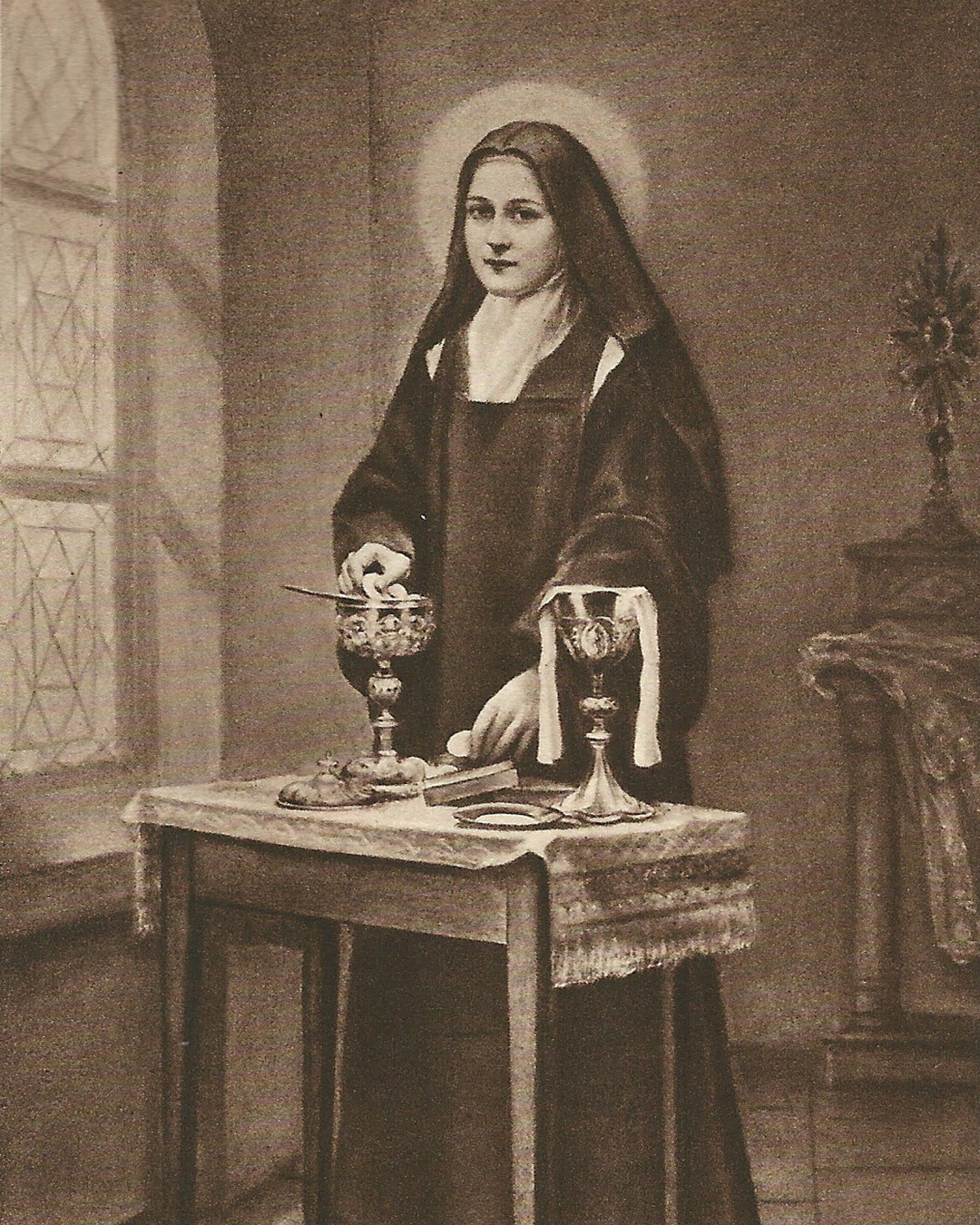Portrait of St. Therese posed over a prayer table.