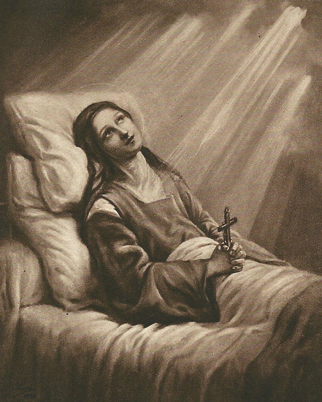 Painting of St. Therese on her death bed, looking up to rays of light shining down from a cloudy sky.